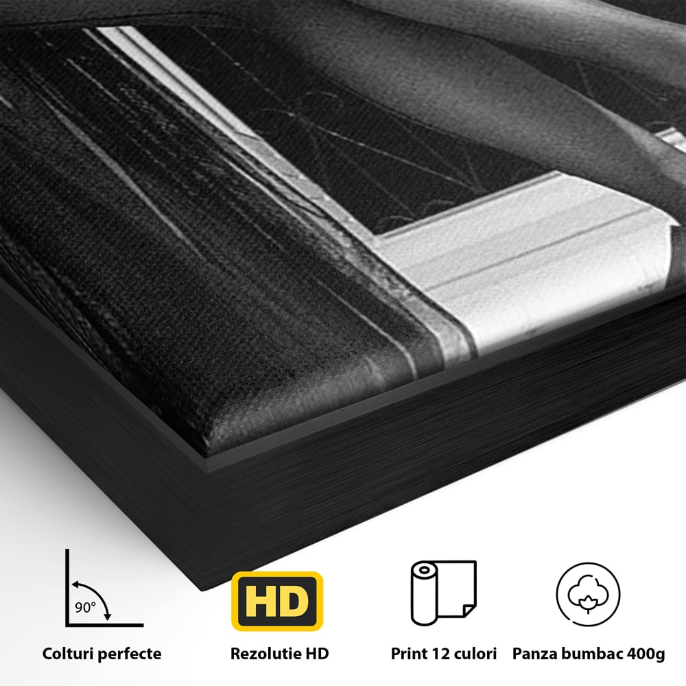 Detaliu al suprafetei: tablou canvas cu silueta feminina si pantofi cu toc, in rama de aluminiu negru