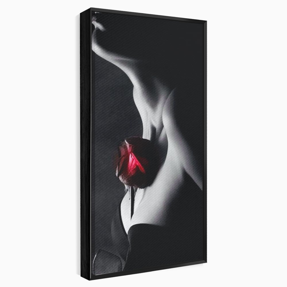 Tablou canvas cu tablou canvas cu profil de femeie si trandafir rosu, in rama de aluminiu negru