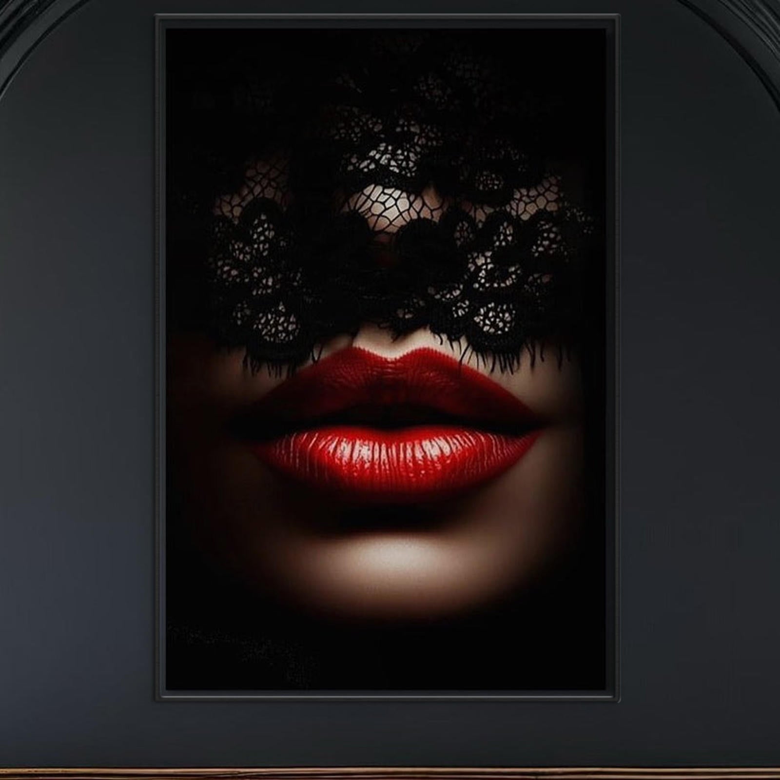 Tablou Canvas Premium, LuxCanva® P1006, Rosu sub Dantela, Dantela, Negru, Seductie, Ruj, Rosu, Masca, Erotism, Eleganta, Fashion, Dramatic, Sarut, Mister, Tacere, Living, Dormitor