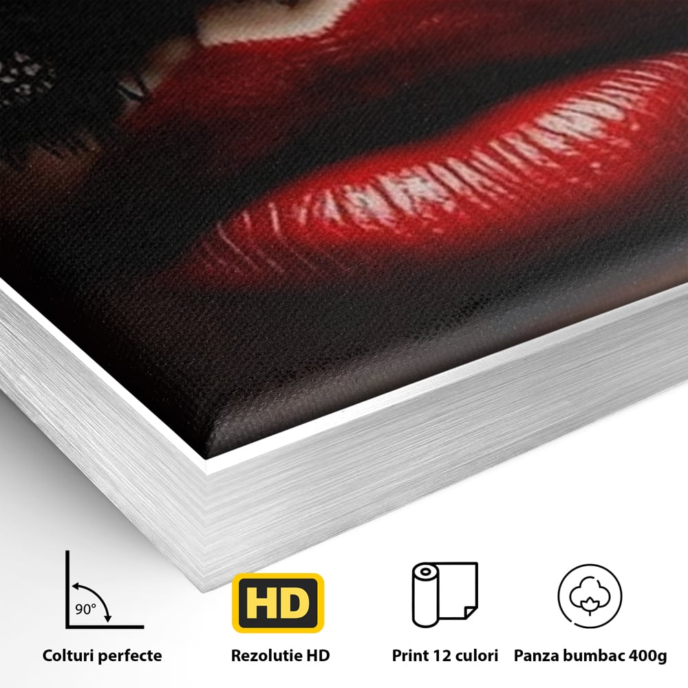 Detaliu al suprafetei: tablou canvas cu buze rosii si dantela, in rama de aluminiu argintiu