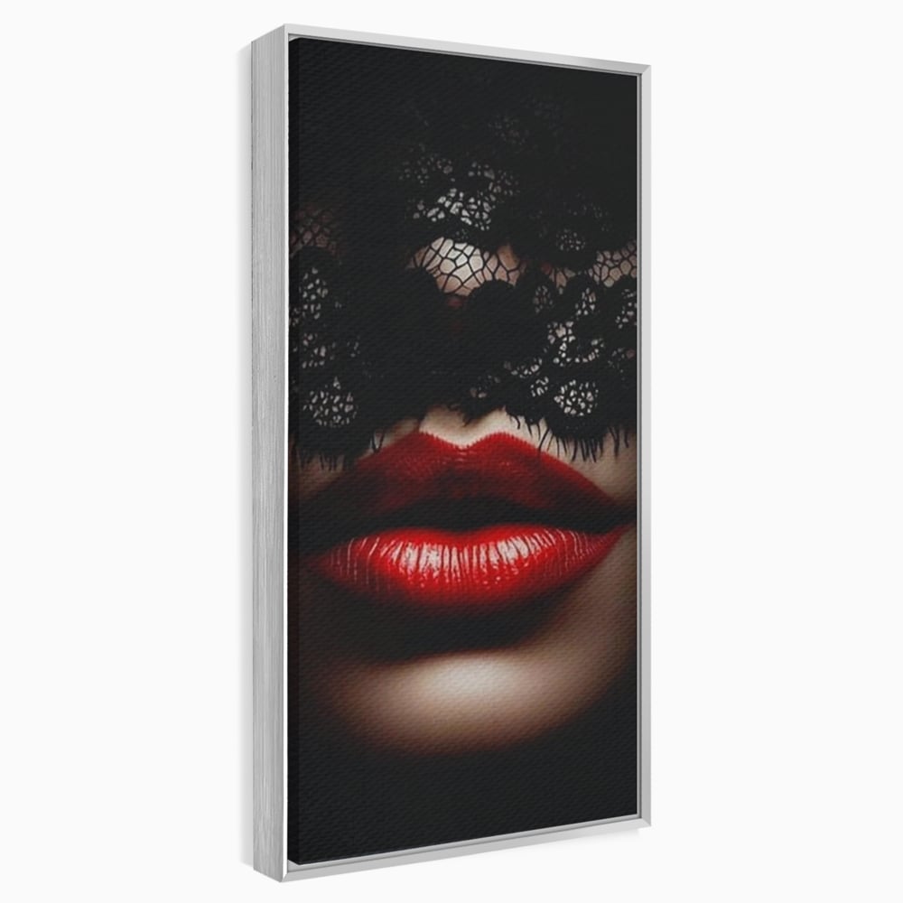Tablou canvas cu tablou canvas cu buze rosii si dantela, in rama de aluminiu argintiu