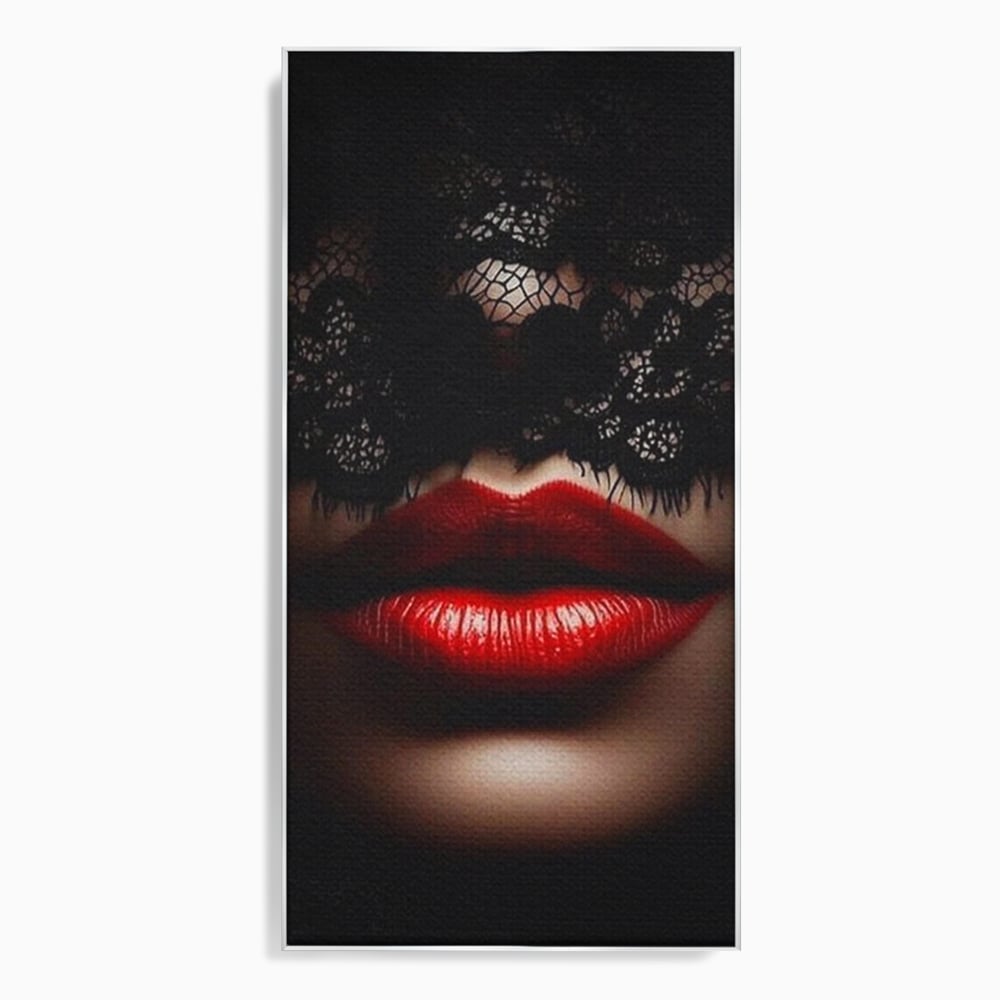 Tablou canvas cu tablou canvas cu buze rosii si dantela, in rama de aluminiu argintiu
