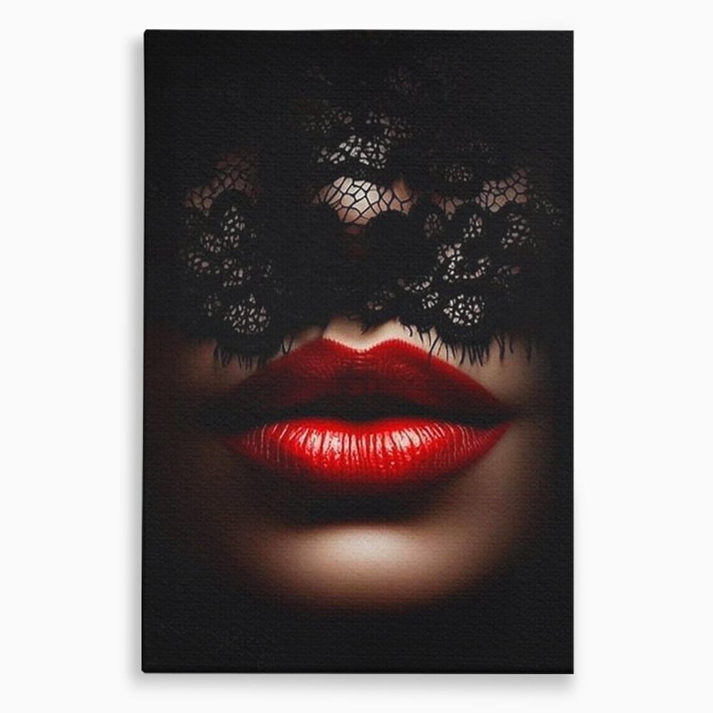 Tablou canvas cu tablou canvas cu buze rosii si dantela, fara rama, pe sasiu de lemn