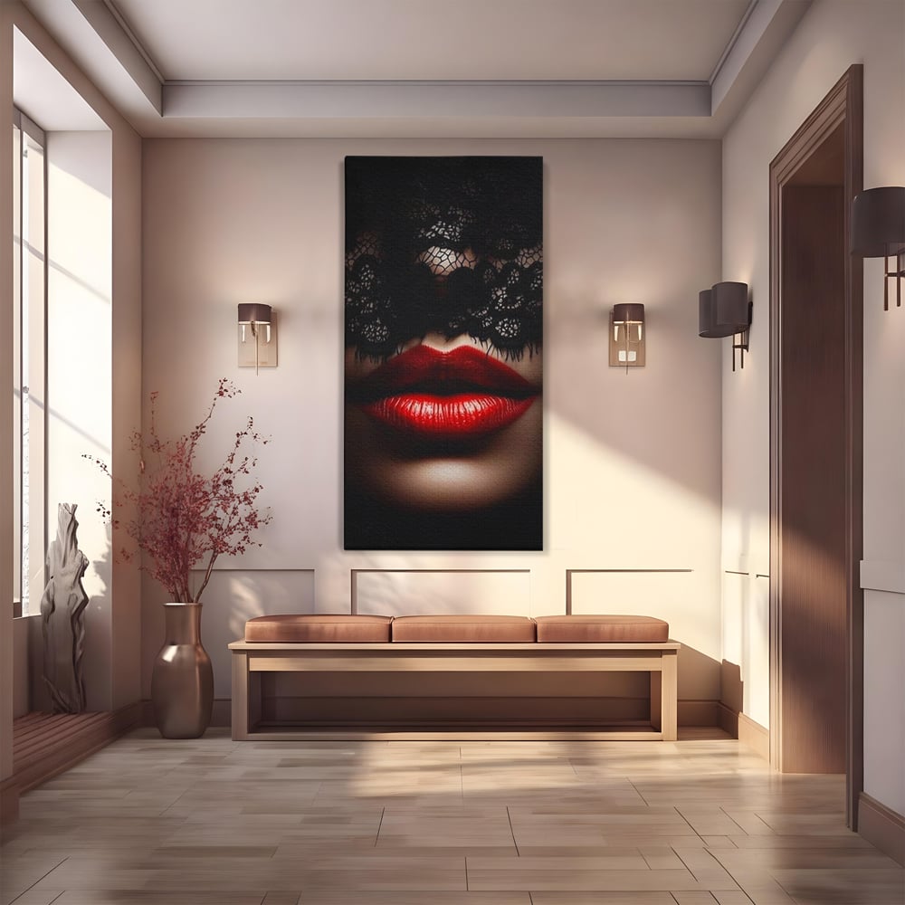 Tablou canvas cu tablou canvas cu buze rosii si dantela, fara rama, pe sasiu de lemn