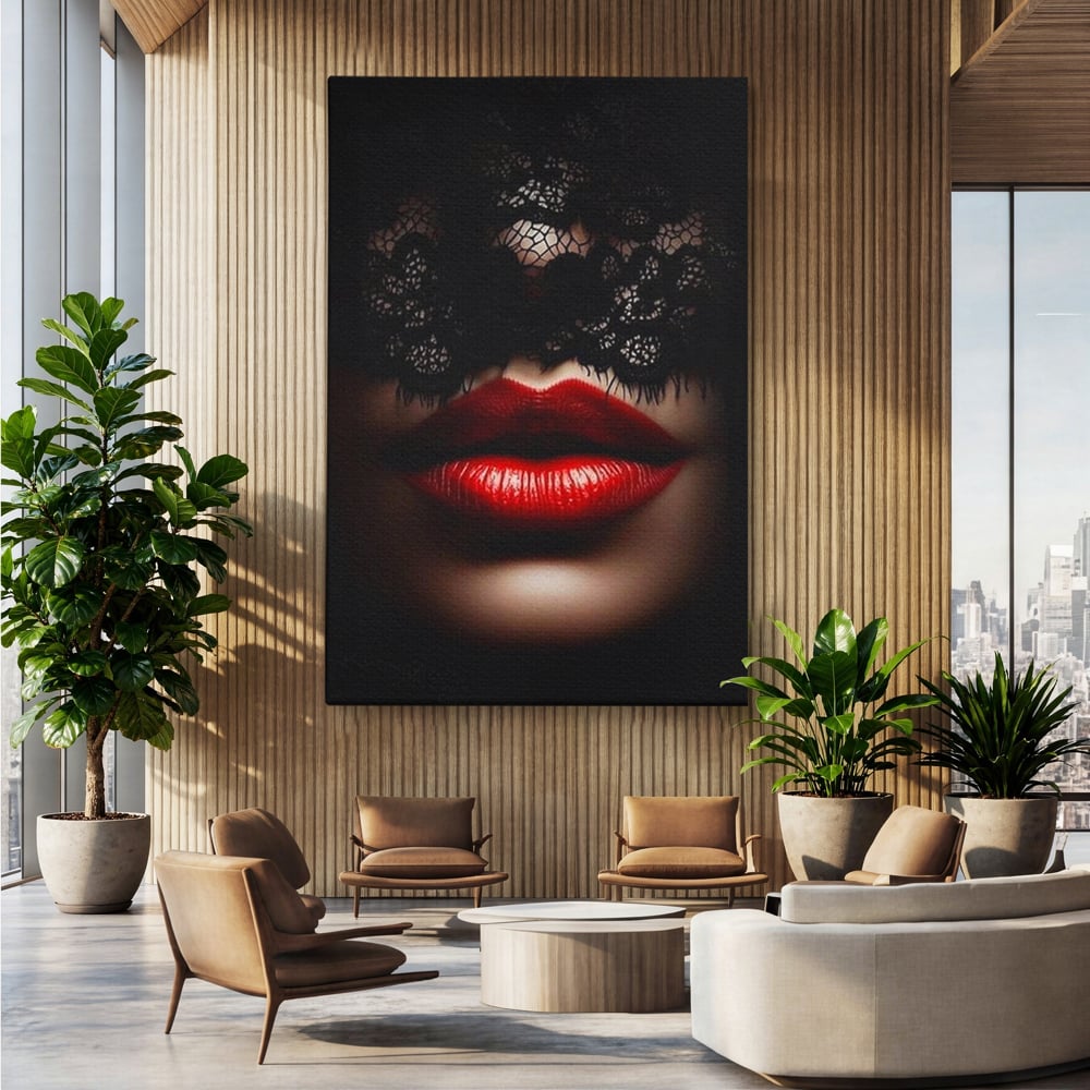 Tablou canvas cu tablou canvas cu buze rosii si dantela, fara rama, pe sasiu de lemn, pe perete intr-un birou