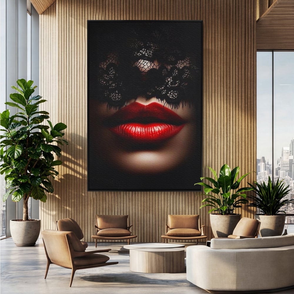 Tablou canvas cu tablou canvas cu buze rosii si dantela, in rama de aluminiu negru, pe perete intr-un birou