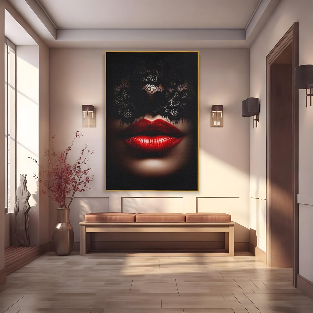 Tablou canvas cu tablou canvas cu buze rosii si dantela, in rama de aluminiu auriu
