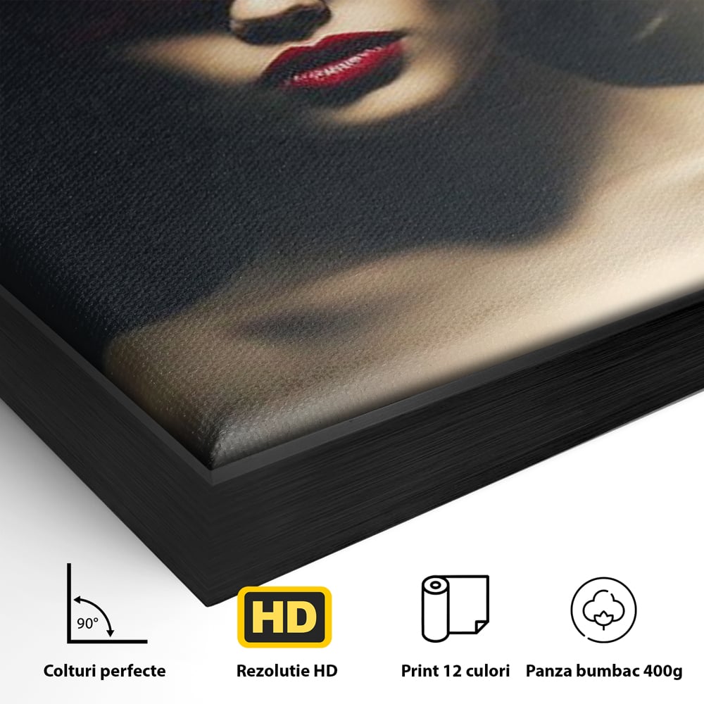 Detaliu al suprafetei: tablou canvas cu femeie si urechi de iepuras, in rama de aluminiu negru