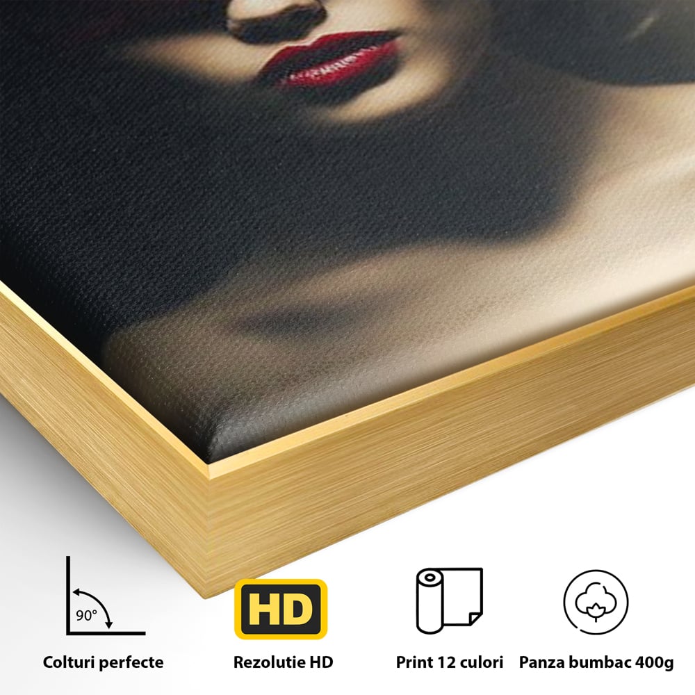 Detaliu al suprafetei: tablou canvas cu femeie si urechi de iepuras, in rama de aluminiu auriu