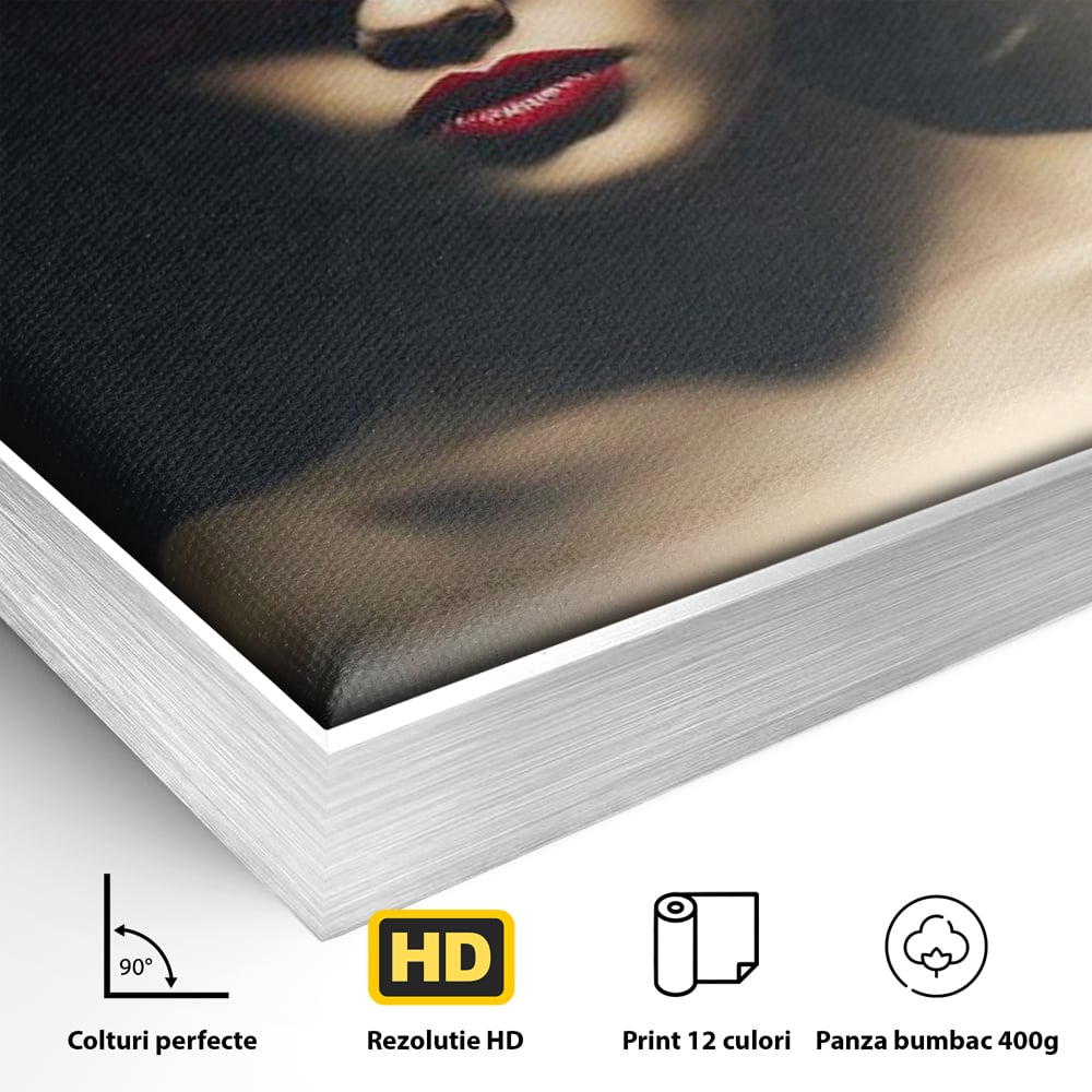Detaliu al suprafetei: tablou canvas cu femeie si urechi de iepuras, in rama de aluminiu argintiu