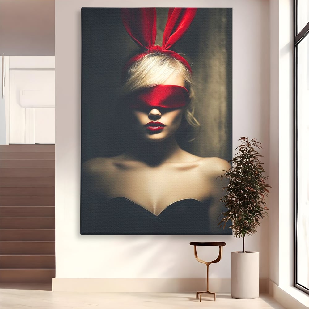 Tablou canvas cu tablou canvas cu femeie si urechi de iepuras, fara rama, pe sasiu de lemn
