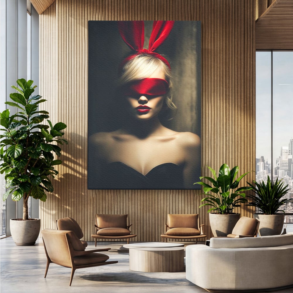 Tablou canvas cu tablou canvas cu femeie si urechi de iepuras, fara rama, pe sasiu de lemn, pe perete intr-un birou
