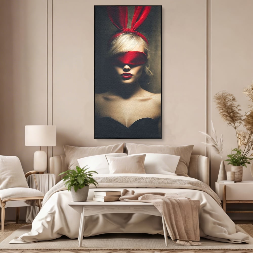 Tablou canvas cu tablou canvas cu femeie si urechi de iepuras, in rama de aluminiu negru, pe perete intr-un dormitor
