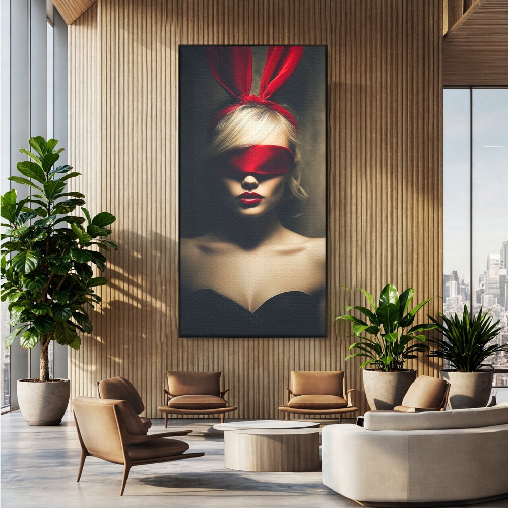 Tablou canvas cu tablou canvas cu femeie si urechi de iepuras, in rama de aluminiu negru, pe perete intr-un birou