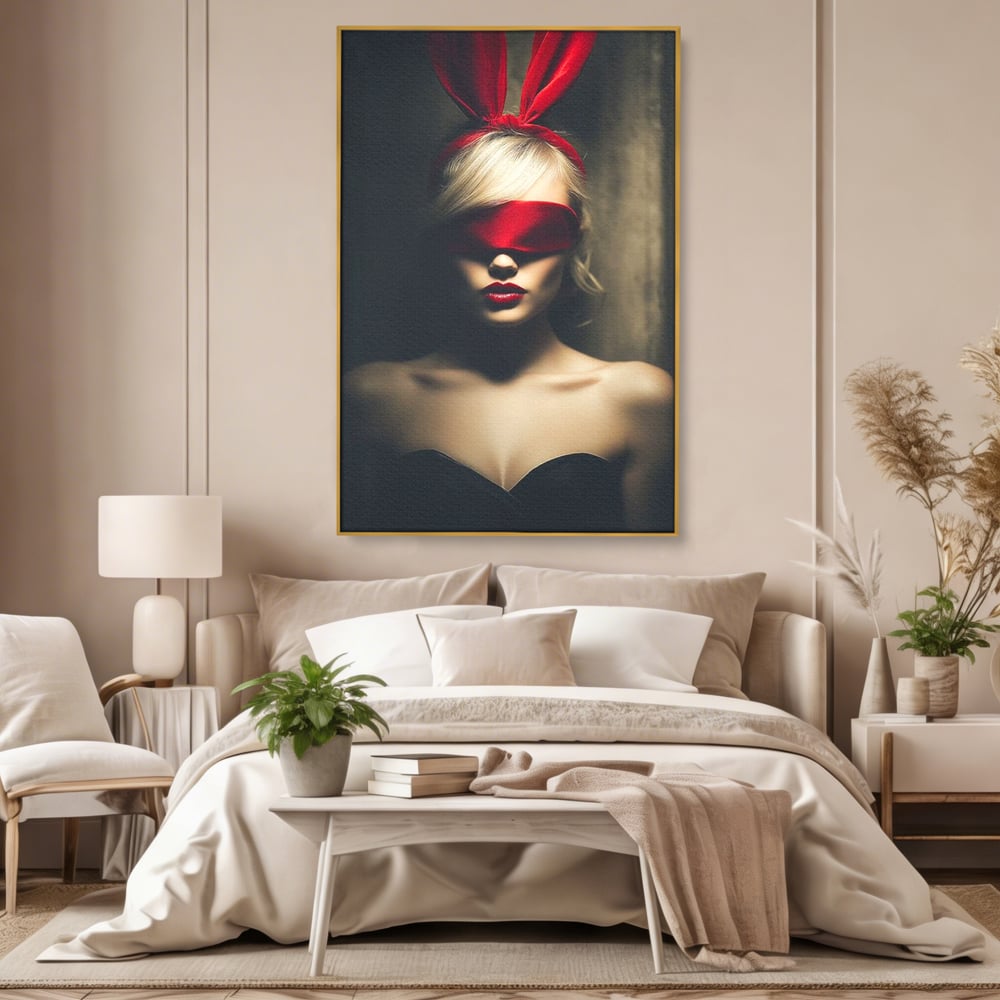 Tablou canvas cu tablou canvas cu femeie si urechi de iepuras, in rama de aluminiu auriu, pe perete intr-un dormitor