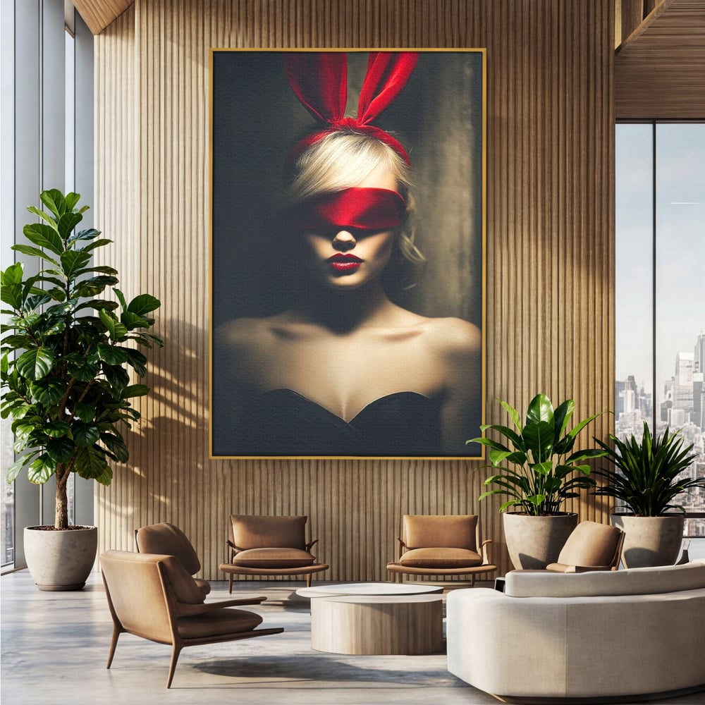 Tablou canvas cu tablou canvas cu femeie si urechi de iepuras, in rama de aluminiu auriu, pe perete intr-un birou