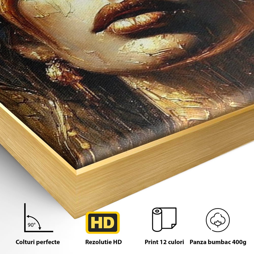 Detaliu al suprafetei: tablou canvas cu portret de femeie aurita, in rama de aluminiu auriu