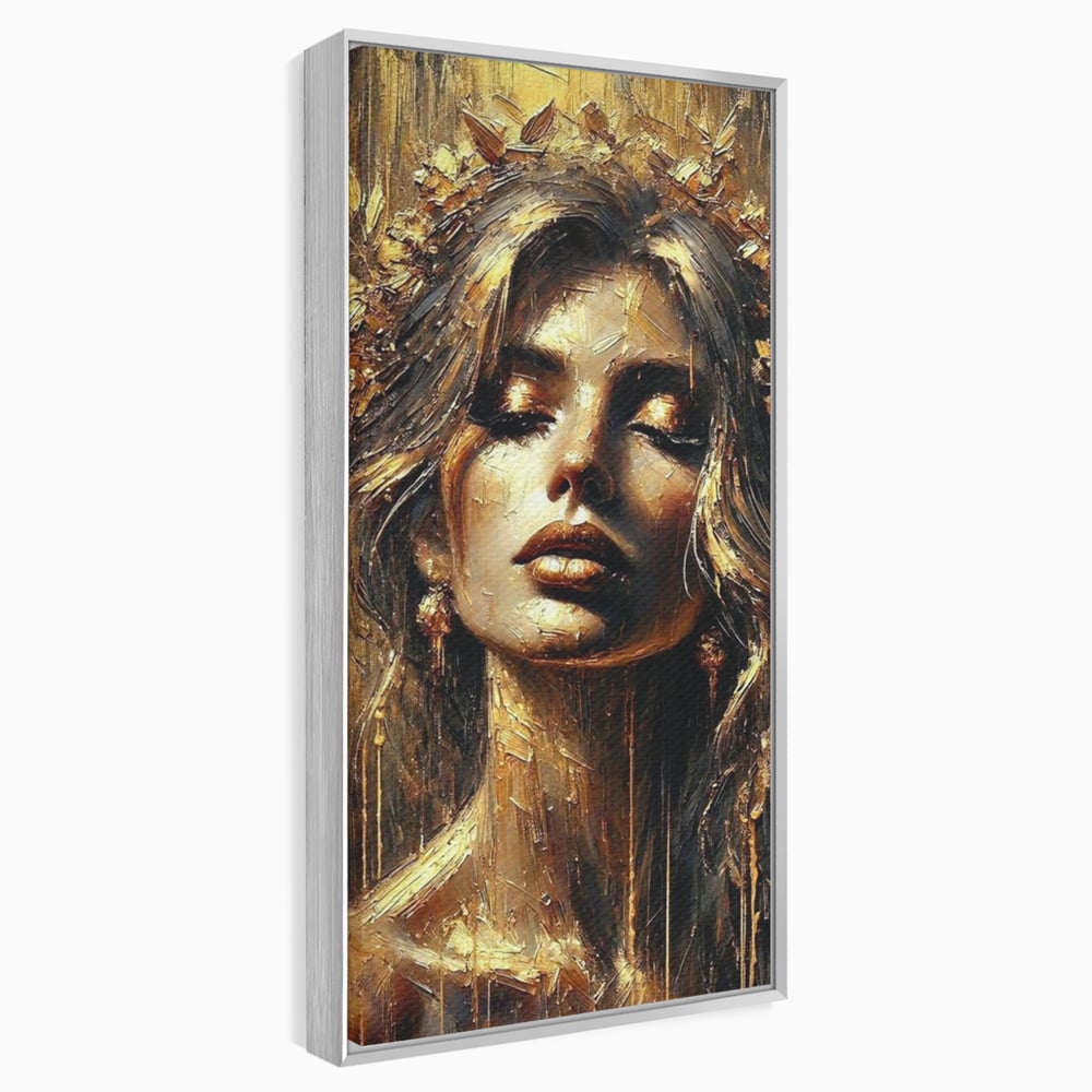 Tablou canvas cu tablou canvas cu portret de femeie aurita, in rama de aluminiu argintiu