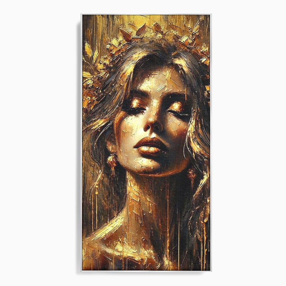 Tablou canvas cu tablou canvas cu portret de femeie aurita, in rama de aluminiu argintiu