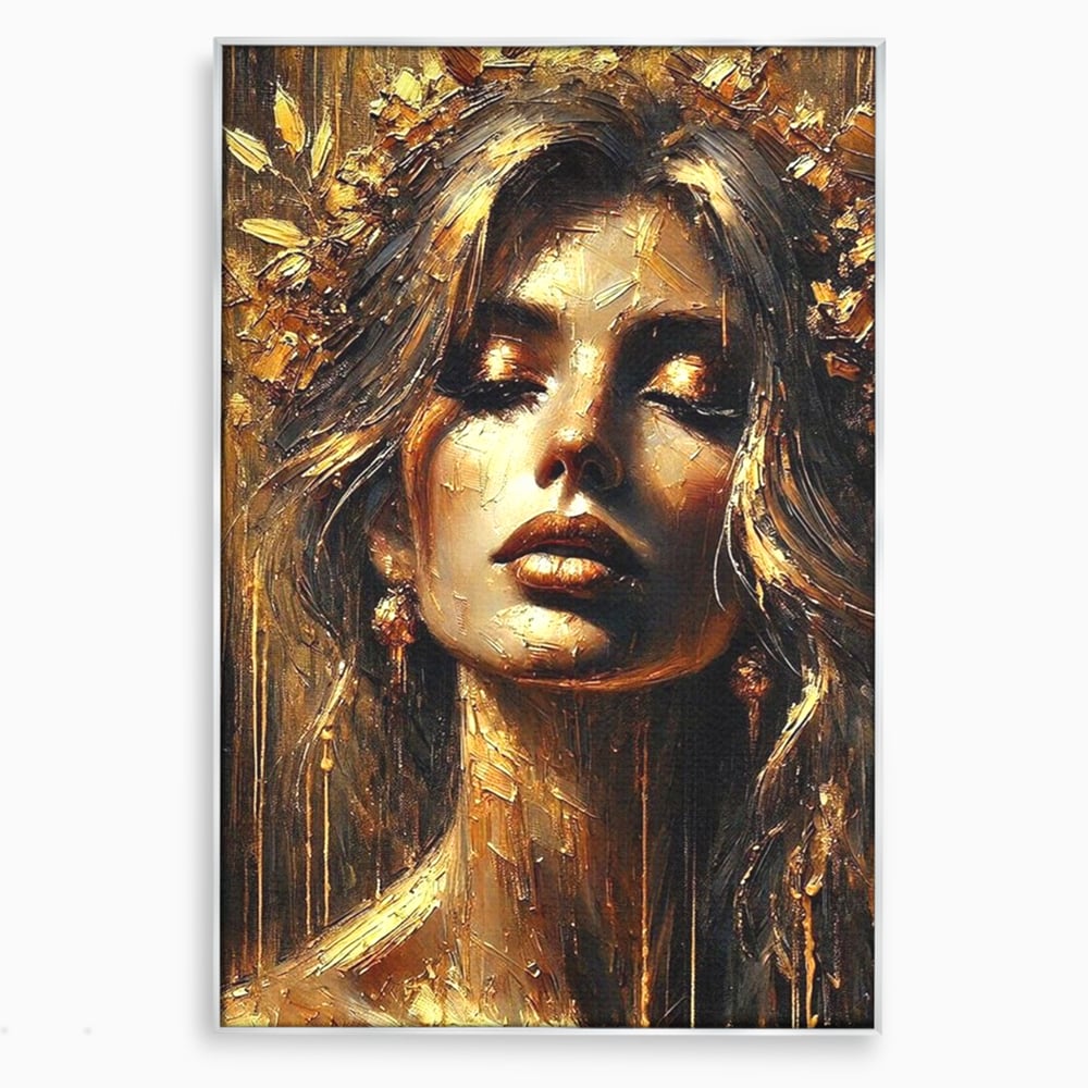 Tablou canvas cu tablou canvas cu portret de femeie aurita, in rama de aluminiu argintiu