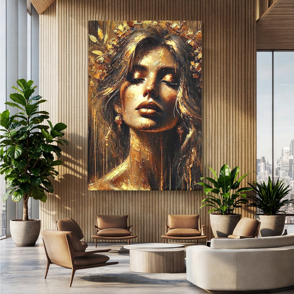 Tablou canvas cu tablou canvas cu portret de femeie aurita, fara rama, pe sasiu de lemn, pe perete intr-un birou