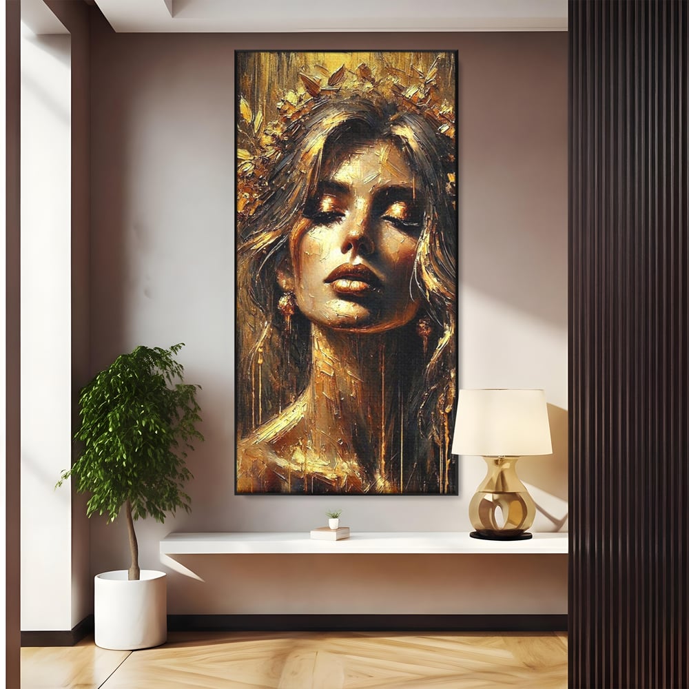 Tablou canvas cu tablou canvas cu portret de femeie aurita, in rama de aluminiu negru