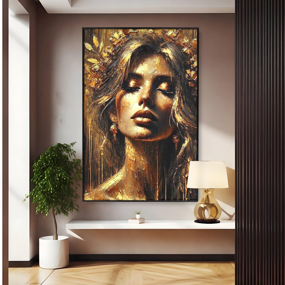 Tablou canvas cu tablou canvas cu portret de femeie aurita, in rama de aluminiu negru