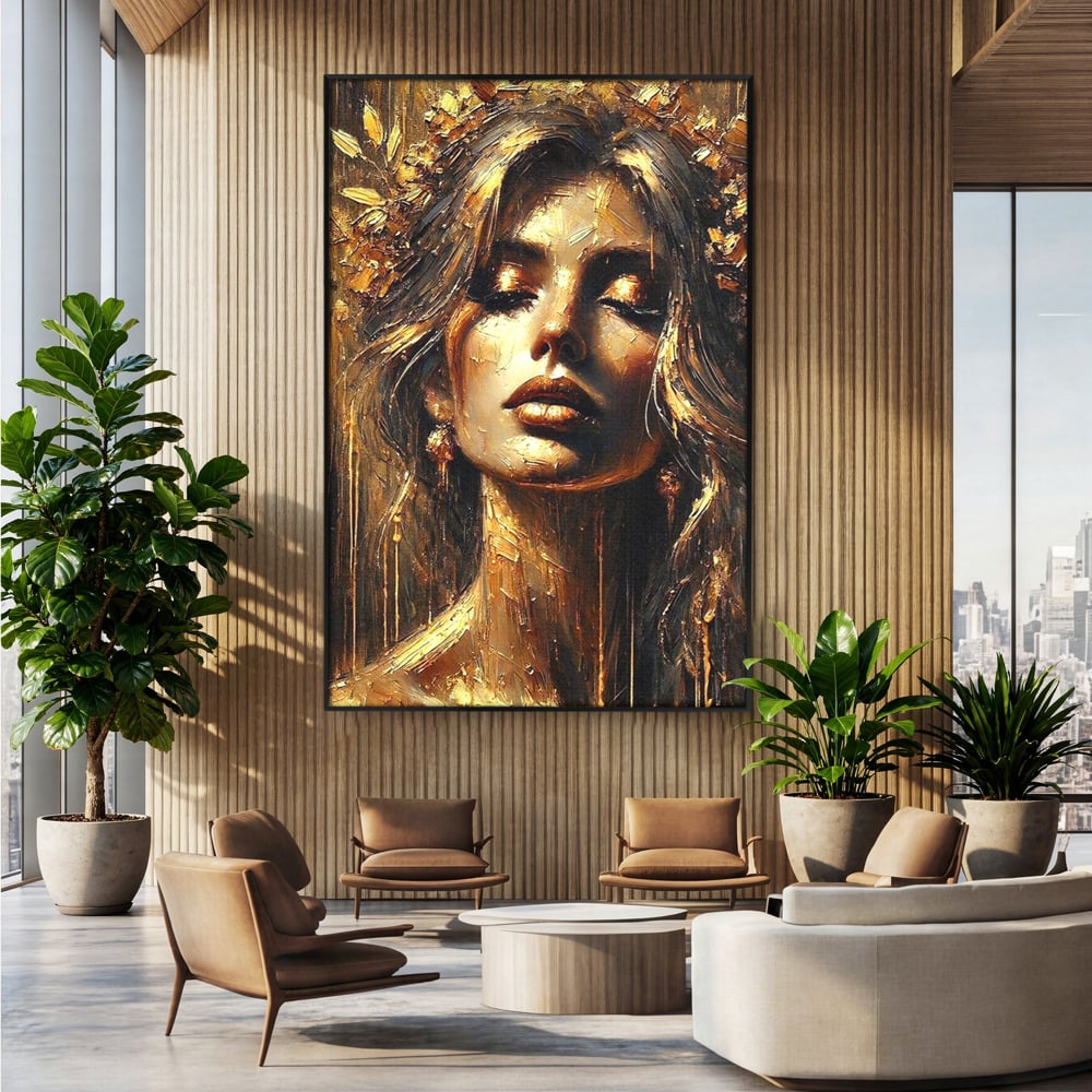 Tablou canvas cu tablou canvas cu portret de femeie aurita, in rama de aluminiu negru, pe perete intr-un birou