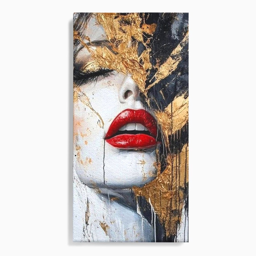 Tablou canvas cu tablou canvas cu chip de femeie si buze rosii, fara rama, pe sasiu de lemn