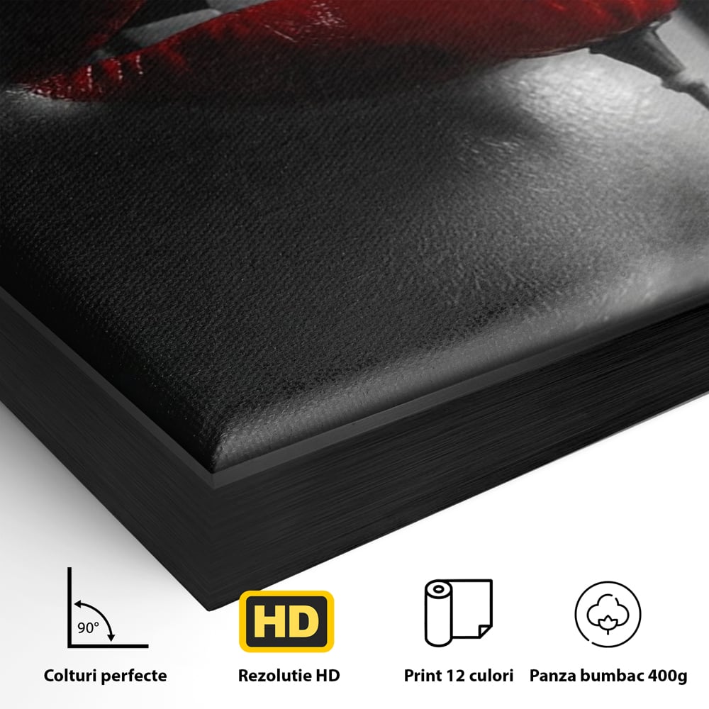 Detaliu al suprafetei: tablou canvas cu buze si mac, in rama de aluminiu negru