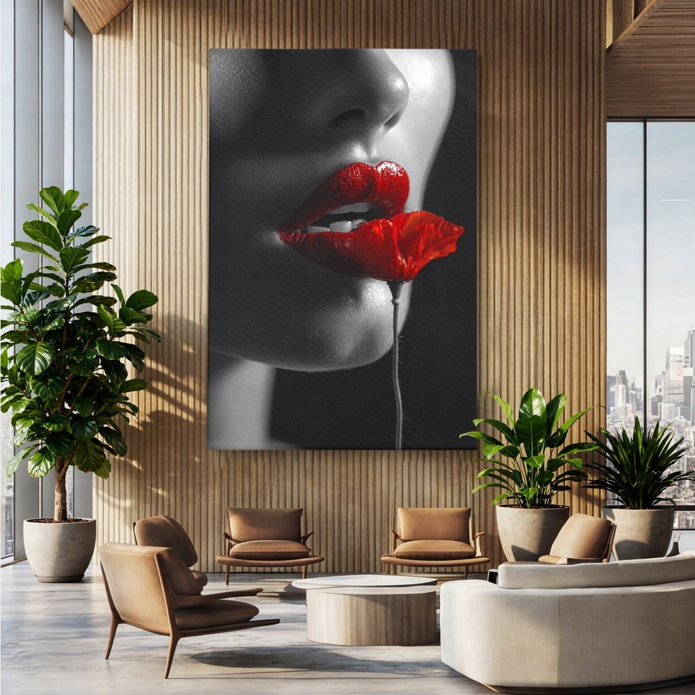 Tablou canvas cu tablou canvas cu buze si mac, fara rama, pe sasiu de lemn, pe perete intr-un birou