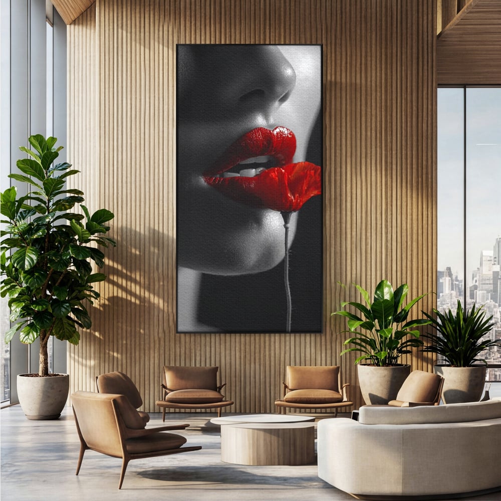 Tablou canvas cu tablou canvas cu buze si mac, in rama de aluminiu negru, pe perete intr-un birou