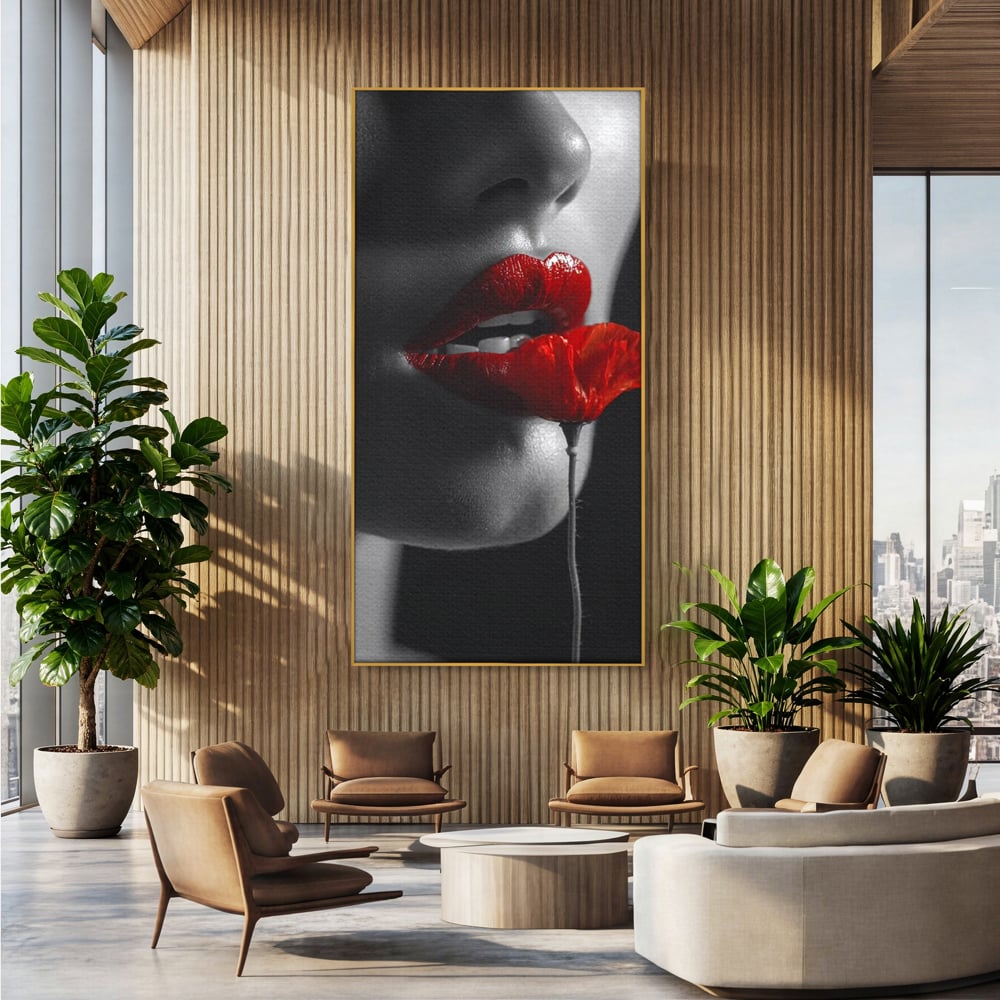 Tablou canvas cu tablou canvas cu buze si mac, in rama de aluminiu auriu, pe perete intr-un birou