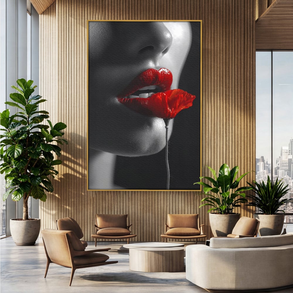 Tablou canvas cu tablou canvas cu buze si mac, in rama de aluminiu auriu, pe perete intr-un birou