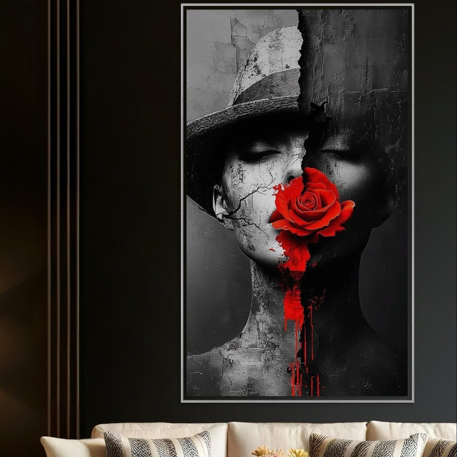 Tablou Canvas Premium, LuxCanva® P1012, Crăpături în Suflet, Rosu, Floare, Palarie, Fractura, Lumina, Intuneric, Chip, Portret, Ruine, Dualitate, Senzualitate, Living, Dormitor