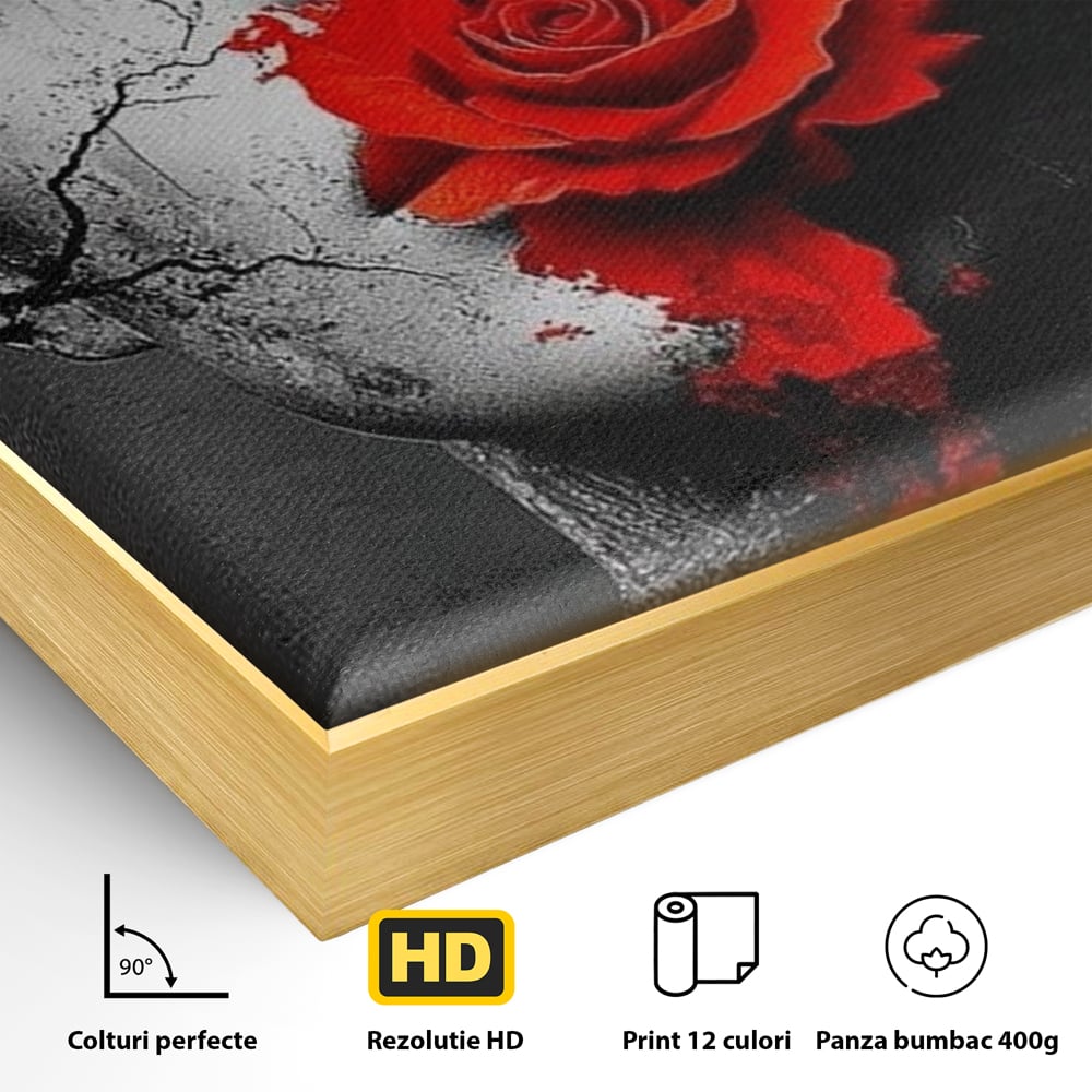 Detaliu al suprafetei: tablou canvas cu chip de femeie, in rama de aluminiu auriu