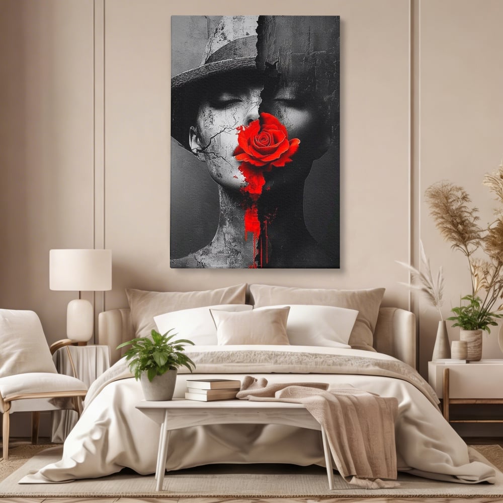 Tablou canvas cu tablou canvas cu chip de femeie, fara rama, pe sasiu de lemn, pe perete intr-un dormitor