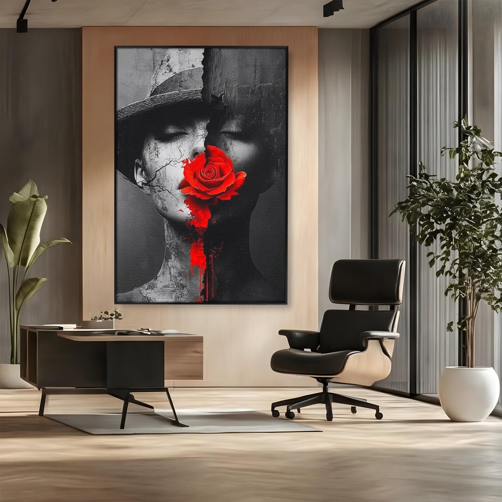 Tablou canvas cu tablou canvas cu chip de femeie, in rama de aluminiu negru, pe perete intr-un birou