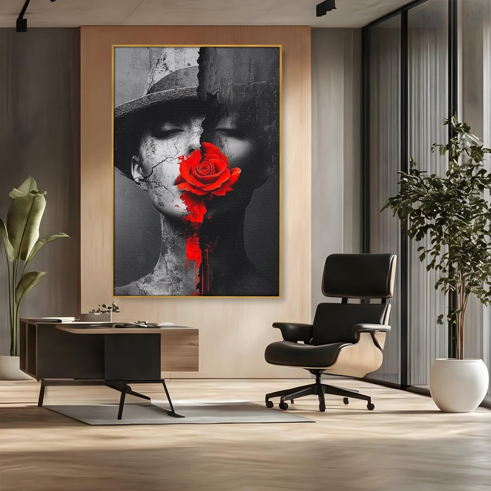 Tablou canvas cu tablou canvas cu chip de femeie, in rama de aluminiu auriu, pe perete intr-un birou