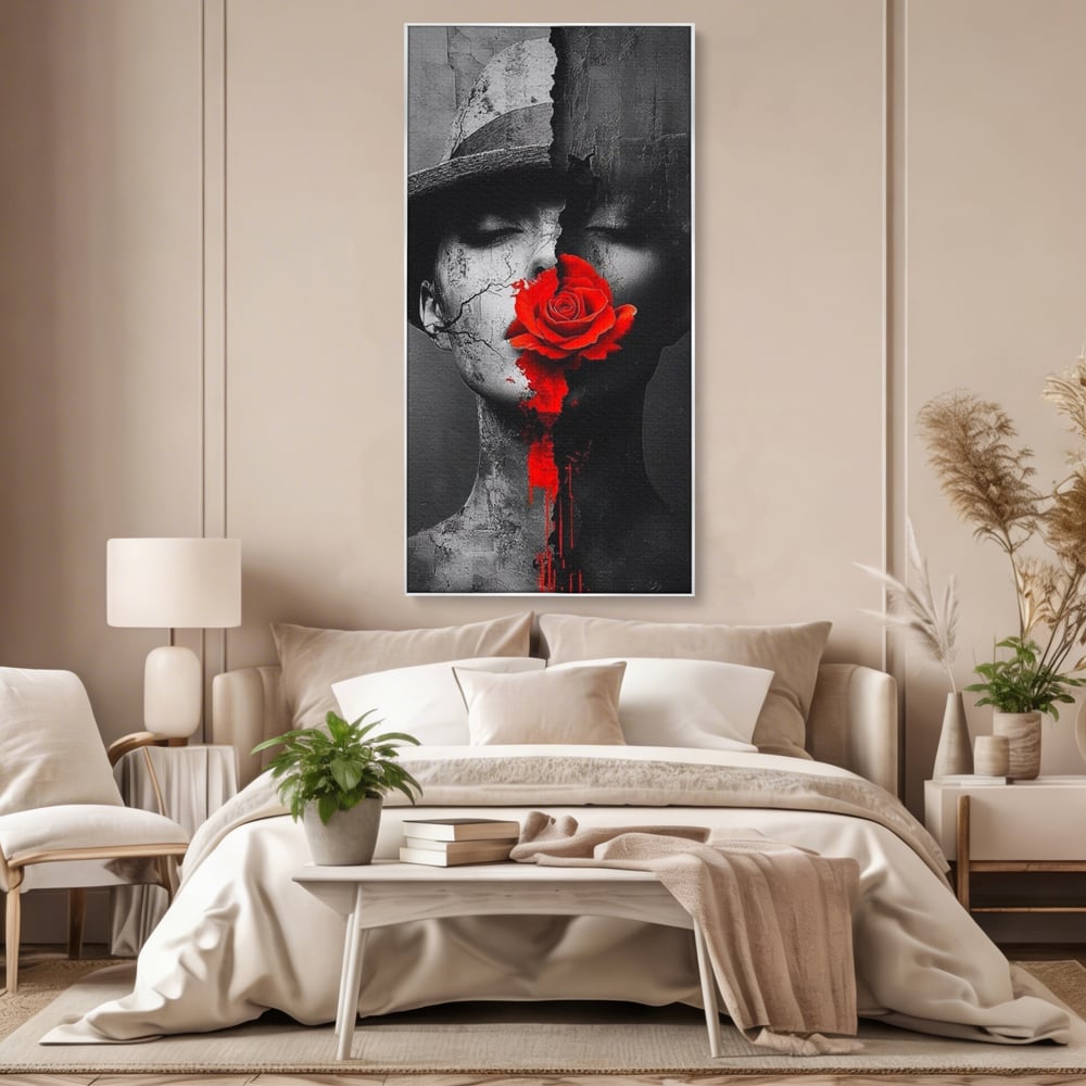 Tablou canvas cu tablou canvas cu chip de femeie, in rama de aluminiu argintiu, pe perete intr-un dormitor