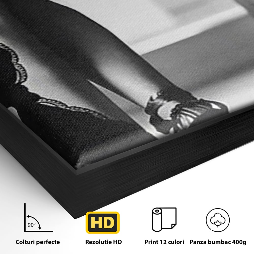 Detaliu al suprafetei: tablou canvas cu silueta feminina, in rama de aluminiu negru