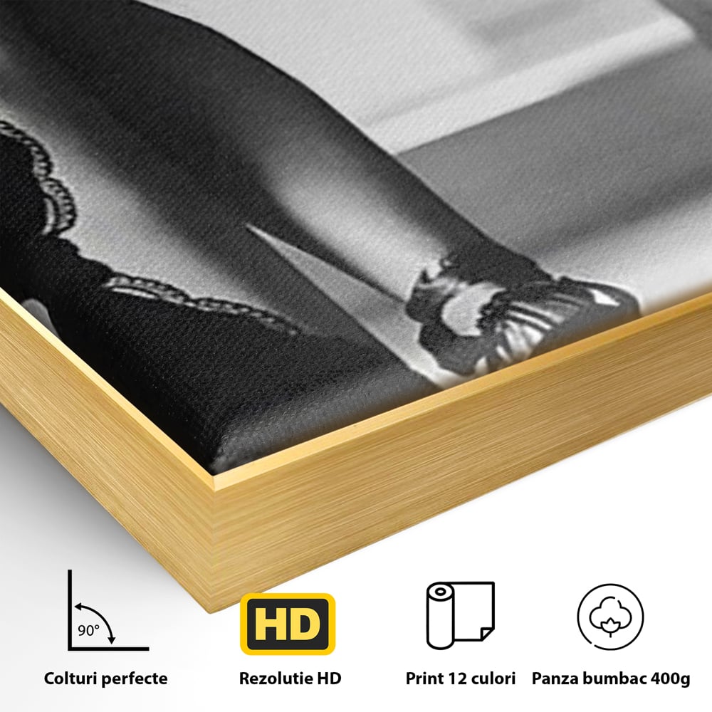 Detaliu al suprafetei: tablou canvas cu silueta feminina, in rama de aluminiu auriu
