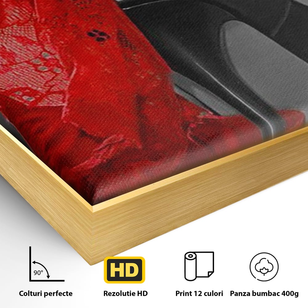 Detaliu al suprafetei: tablou canvas cu pantof stiletto si lenjerie, in rama de aluminiu auriu