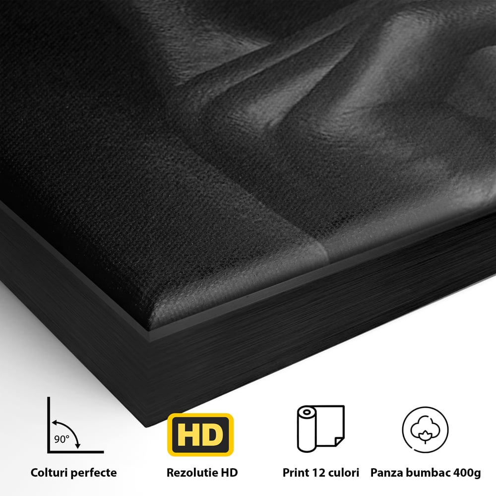 Detaliu al suprafetei: tablou canvas cu buze si deget, in rama de aluminiu negru