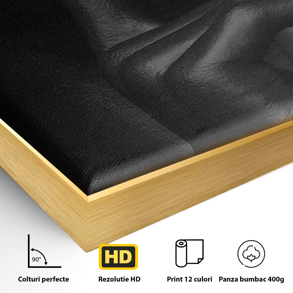 Detaliu al suprafetei: tablou canvas cu buze si deget, in rama de aluminiu auriu