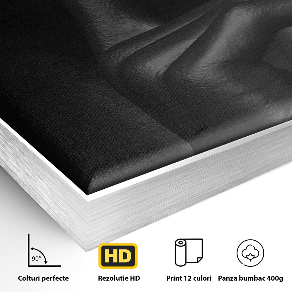 Detaliu al suprafetei: tablou canvas cu buze si deget, in rama de aluminiu argintiu