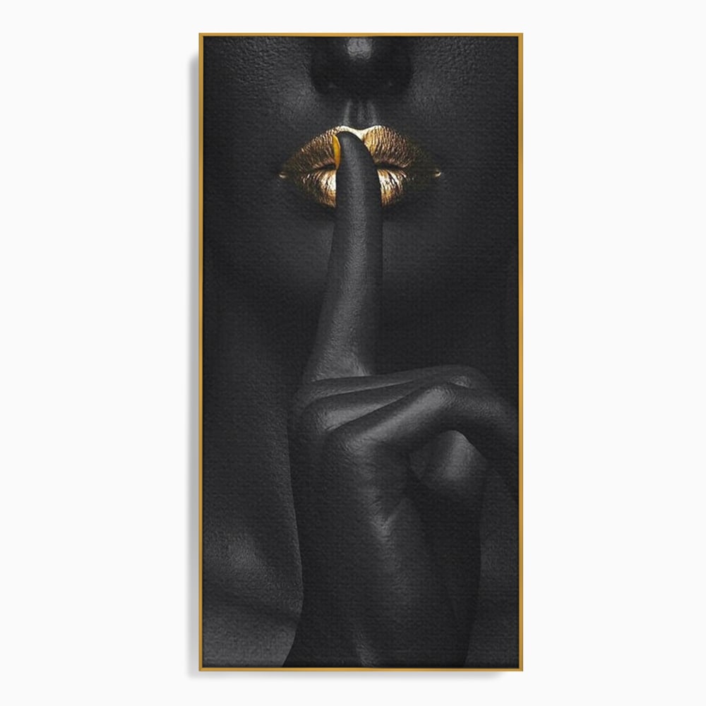Tablou canvas cu tablou canvas cu buze si deget, in rama de aluminiu auriu