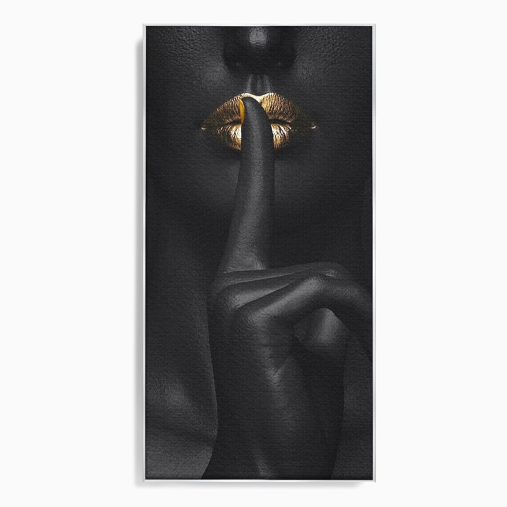 Tablou canvas cu tablou canvas cu buze si deget, in rama de aluminiu argintiu