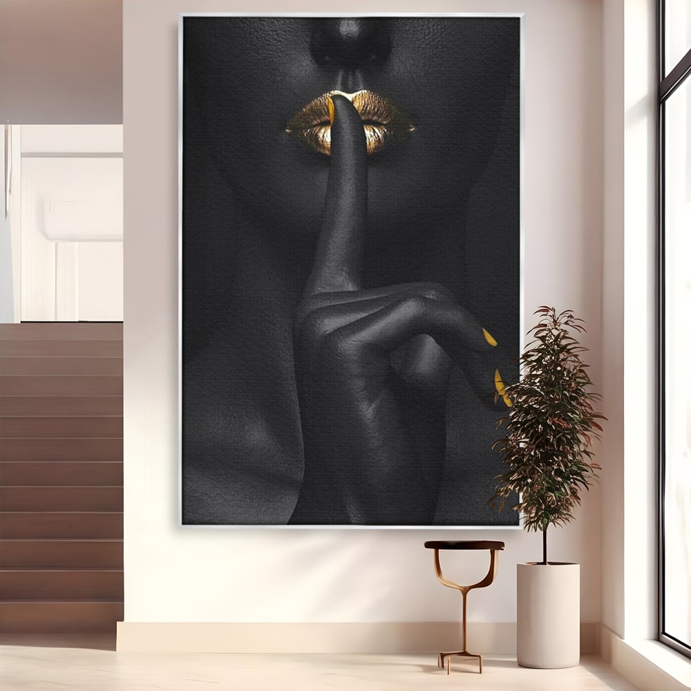 Tablou canvas cu tablou canvas cu buze si deget, in rama de aluminiu argintiu