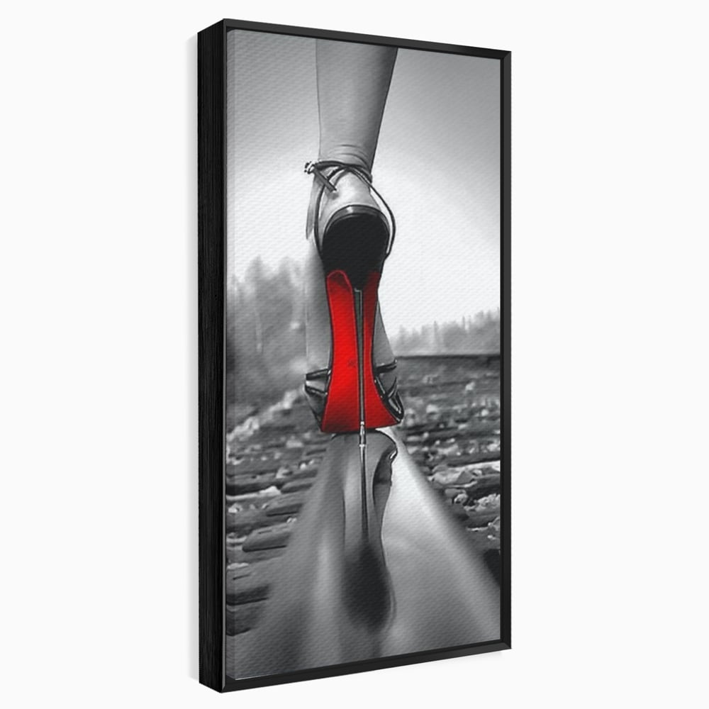 Tablou canvas cu tablou canvas cu pantof pe sina, in rama de aluminiu negru